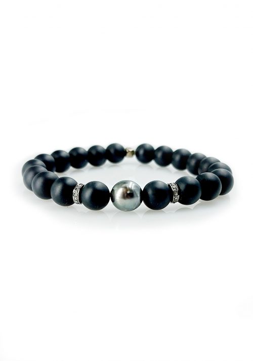 Matte Black Onyx Bracelet with Tahitian Pearl and two Diamond Rondelles – BR 1113