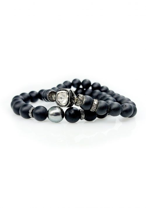 Matte Black Onyx Bracelet with Tahitian Pearl and two Diamond Rondelles – BR 1113