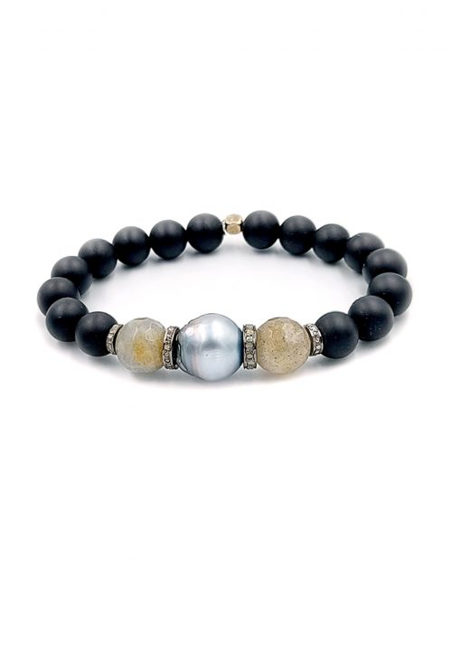 Matte Black Onyx Bracelet with Tahitian Pearl, Labradorites and two Diamond Rondelles – BR 1117