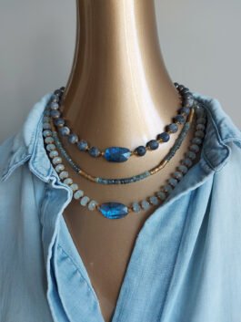 Moss Aquamarine and brass beads necklace  – N 4042