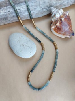 Moss Aquamarine and brass beads necklace  – N 4042