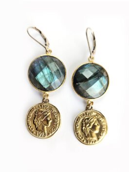 Labradorite Disc & Gold Tone Coin Earrings