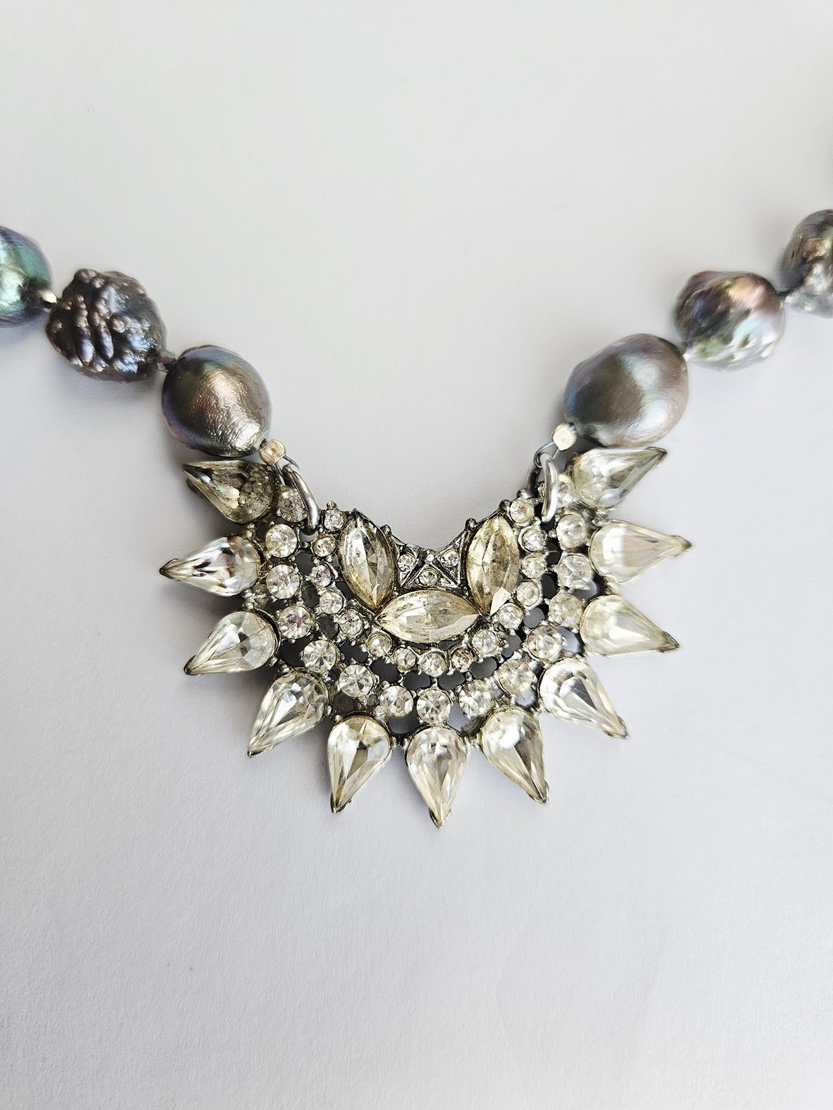 rhinestone vintage pendant on pearl necklace