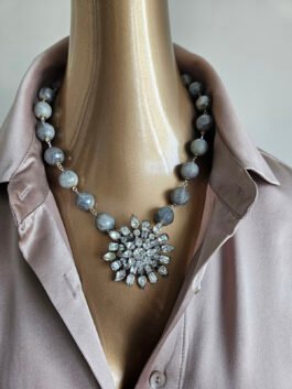 Vintage rhinestones pendant, Labradorite necklace
