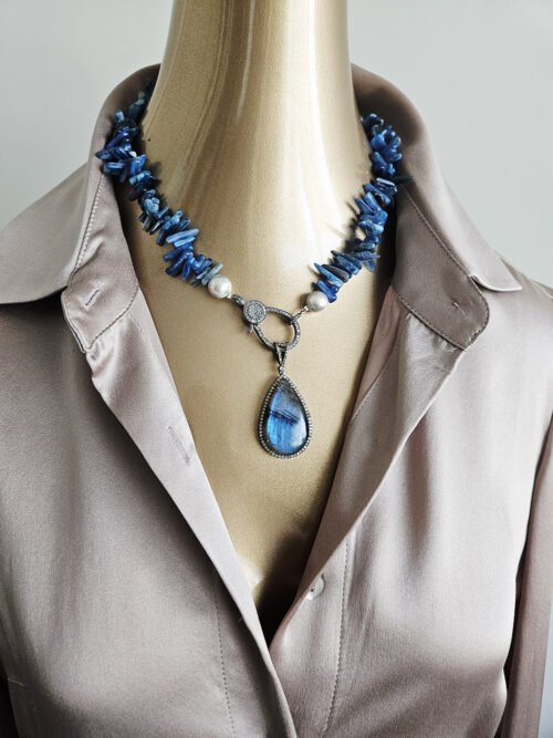 Labradorite with Diamonds on Kyanite necklace