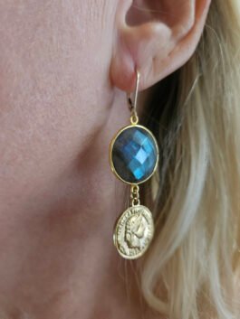 Labradorite Disc & Gold Tone Coin Earrings