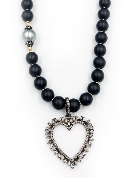 Baguette Diamond Heart, Tahitian Pearl and Onyx
