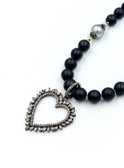 Baguette Diamond Heart, Tahitian Pearl and Onyx