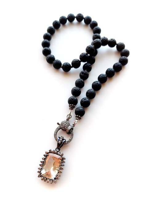 Morganite with Diamonds and lava beads