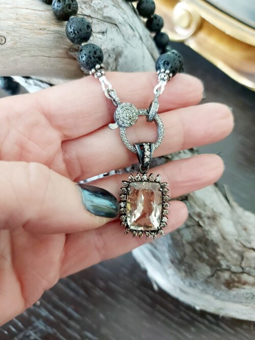 Morganite with Diamonds and lava beads