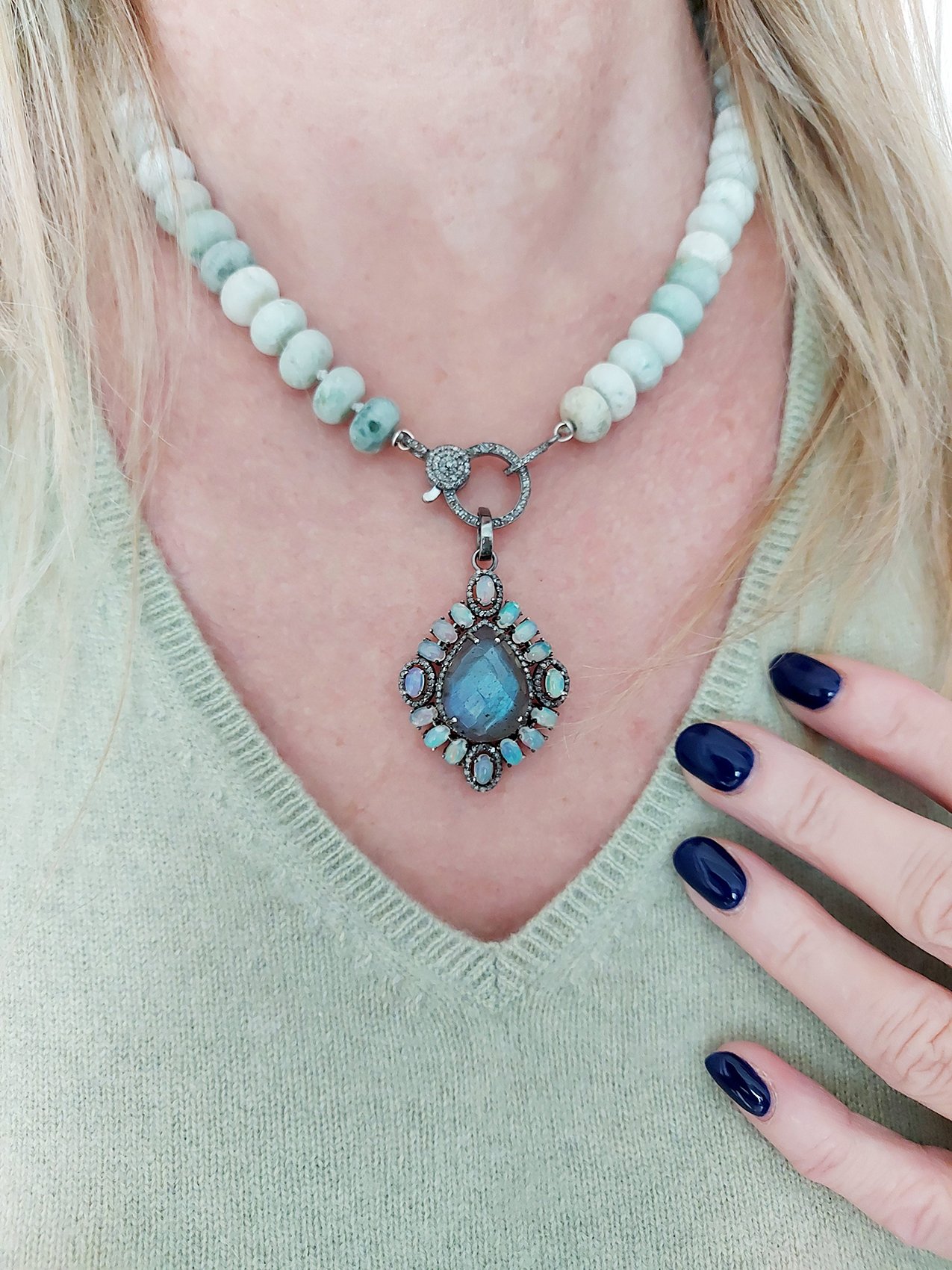 Labradorite and Diamonds pendant and Calcite Chain - Image 2