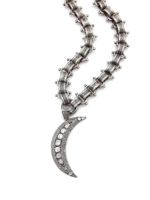 Diamond Half Moon Necklace on Antique Styled Chain – NE 2152