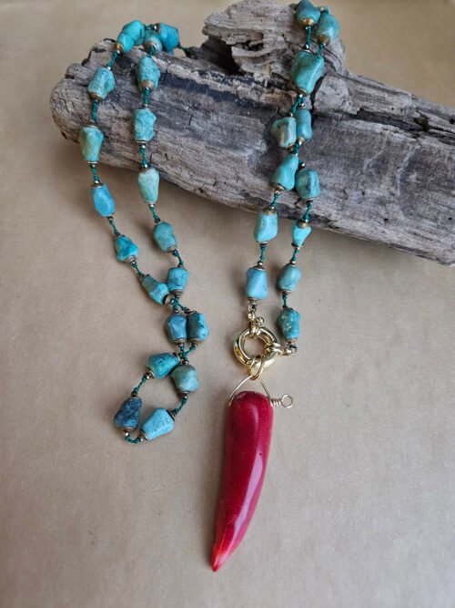 Coral & Turquoise on Silk Necklace