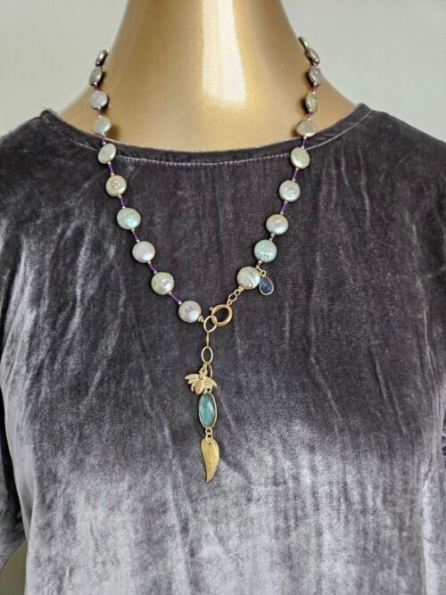 Coin Pearl, Kyanite & Labradorite Bee Necklace