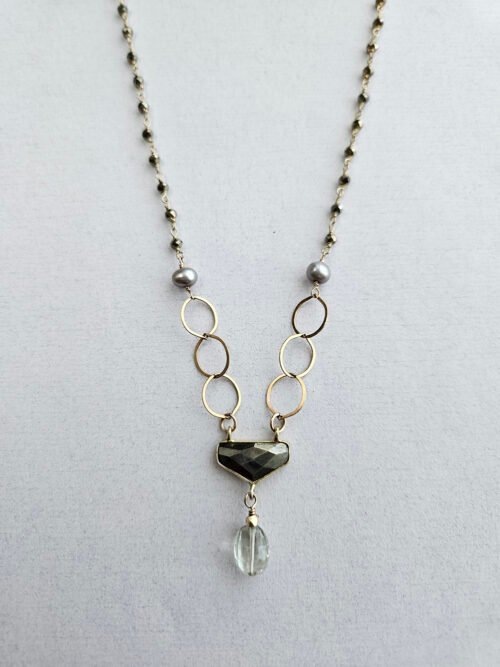 Green Amethyst Necklace with Pearls & Pyrite