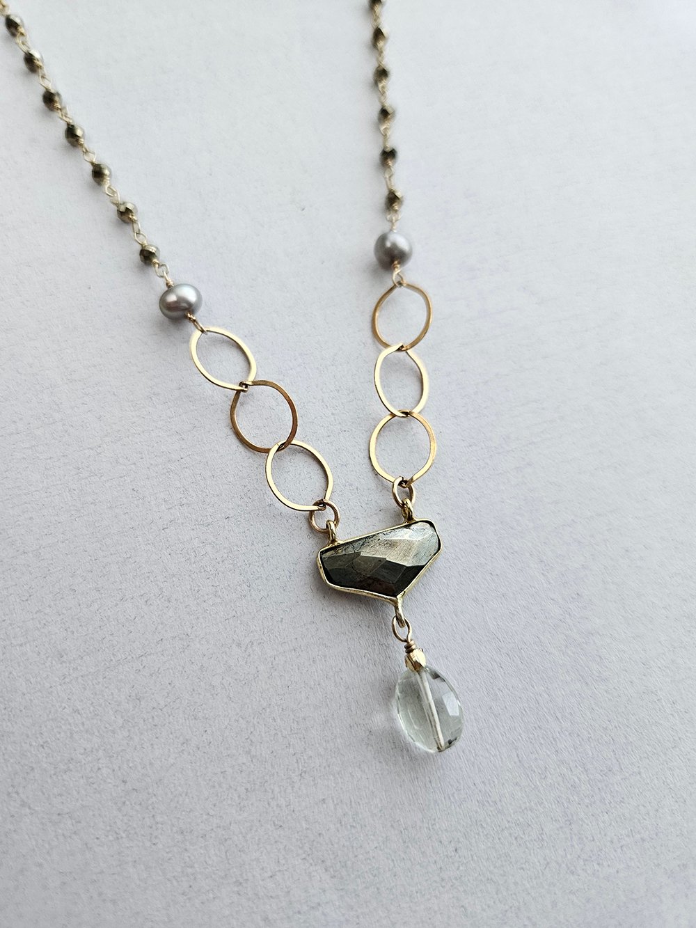 Green Amethyst Necklace with Pearls & Pyrite - Image 3