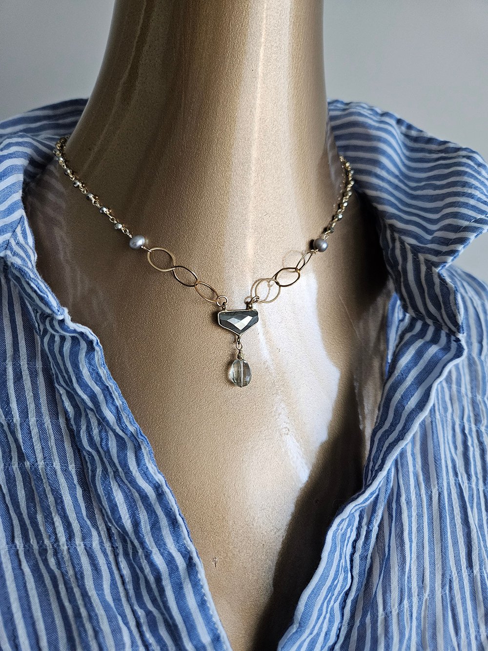 green amethyst necklace with freshwater pearls and pyrite connector