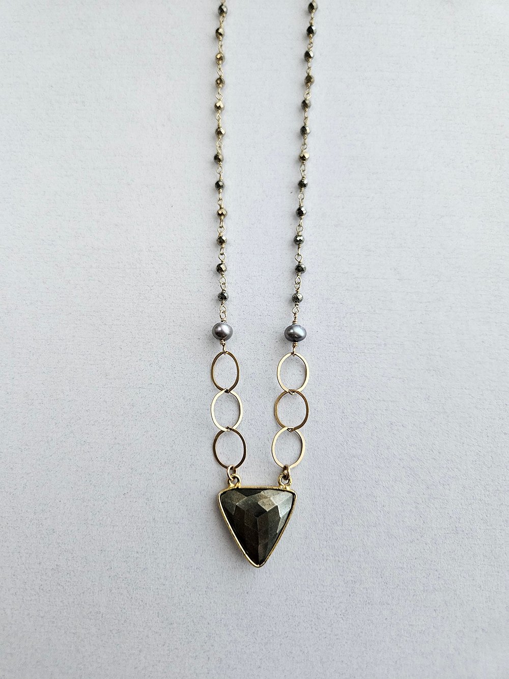 pyrite necklace with triangle connector and gold filled chain