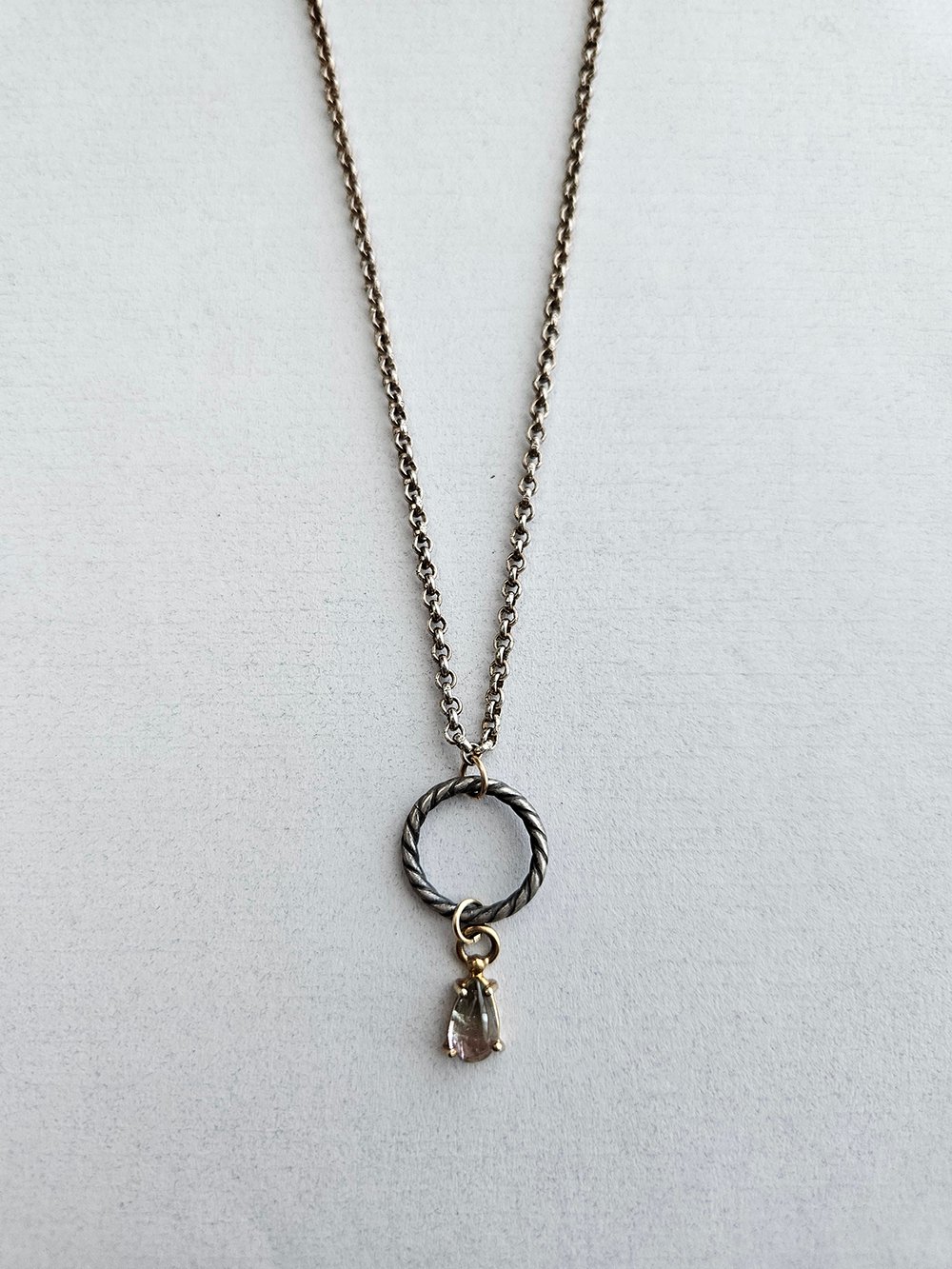 labradorite drop necklace with prong set pendant and oxidized rolo chain