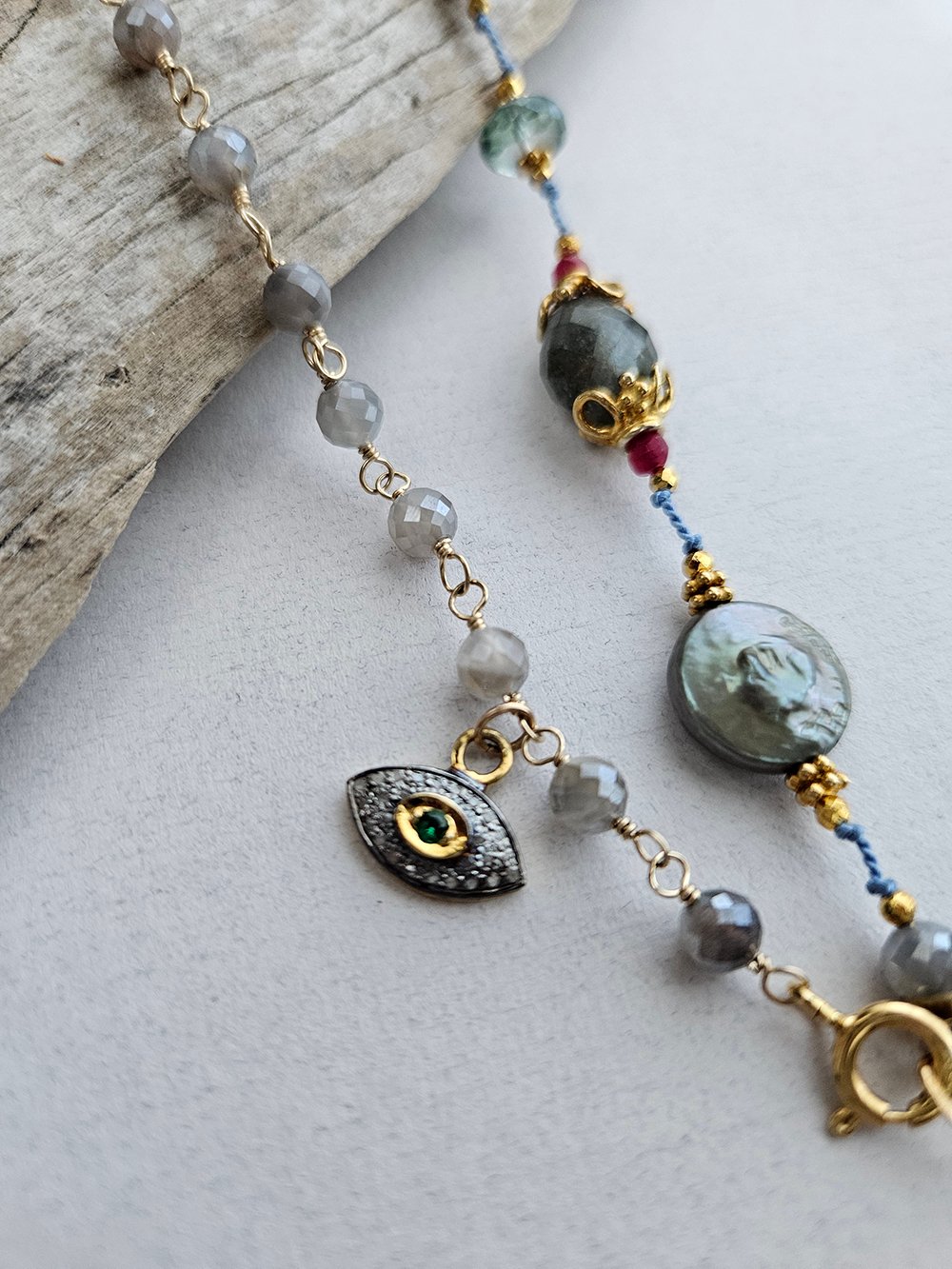 Labradorite Evil Eye Necklace with Ruby & Pearl Accents - Image 3
