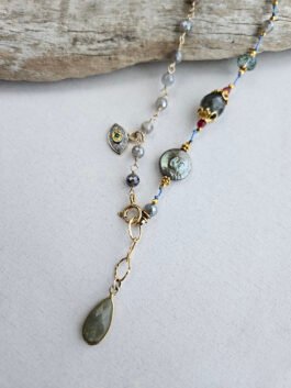 Labradorite Evil Eye Necklace with Ruby & Pearl Accents