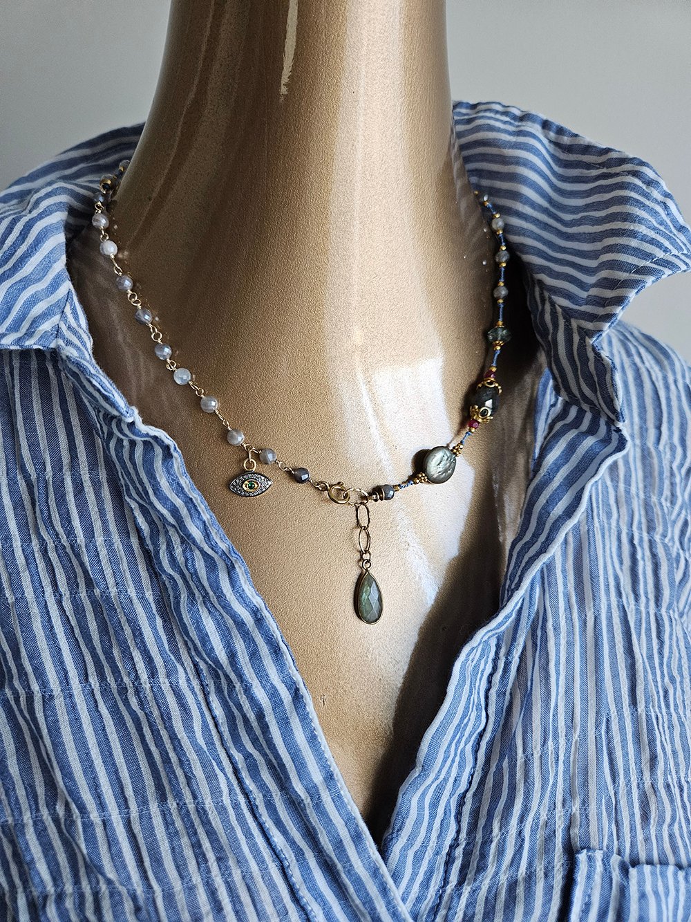 Labradorite Evil Eye Necklace with Ruby & Pearl Accents - Image 2