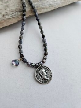 Handcrafted Iolite Necklace – Vintage Coin, Mystic Topaz & Freshwater Pearls