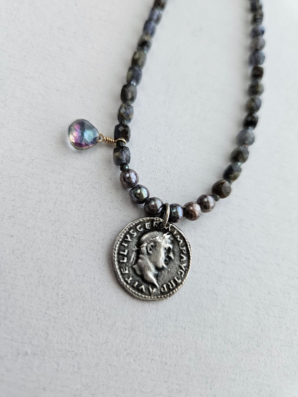 Handcrafted Iolite Necklace – Vintage Coin, Mystic Topaz & Freshwater Pearls - Image 3