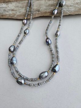 andcrafted Labradorite Necklace – Double Strand with Grey Freshwater Pearls
