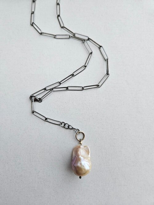 Handcrafted Baroque Pearl Necklace – Champagne Pearl Y Necklace on Paperclip Chain