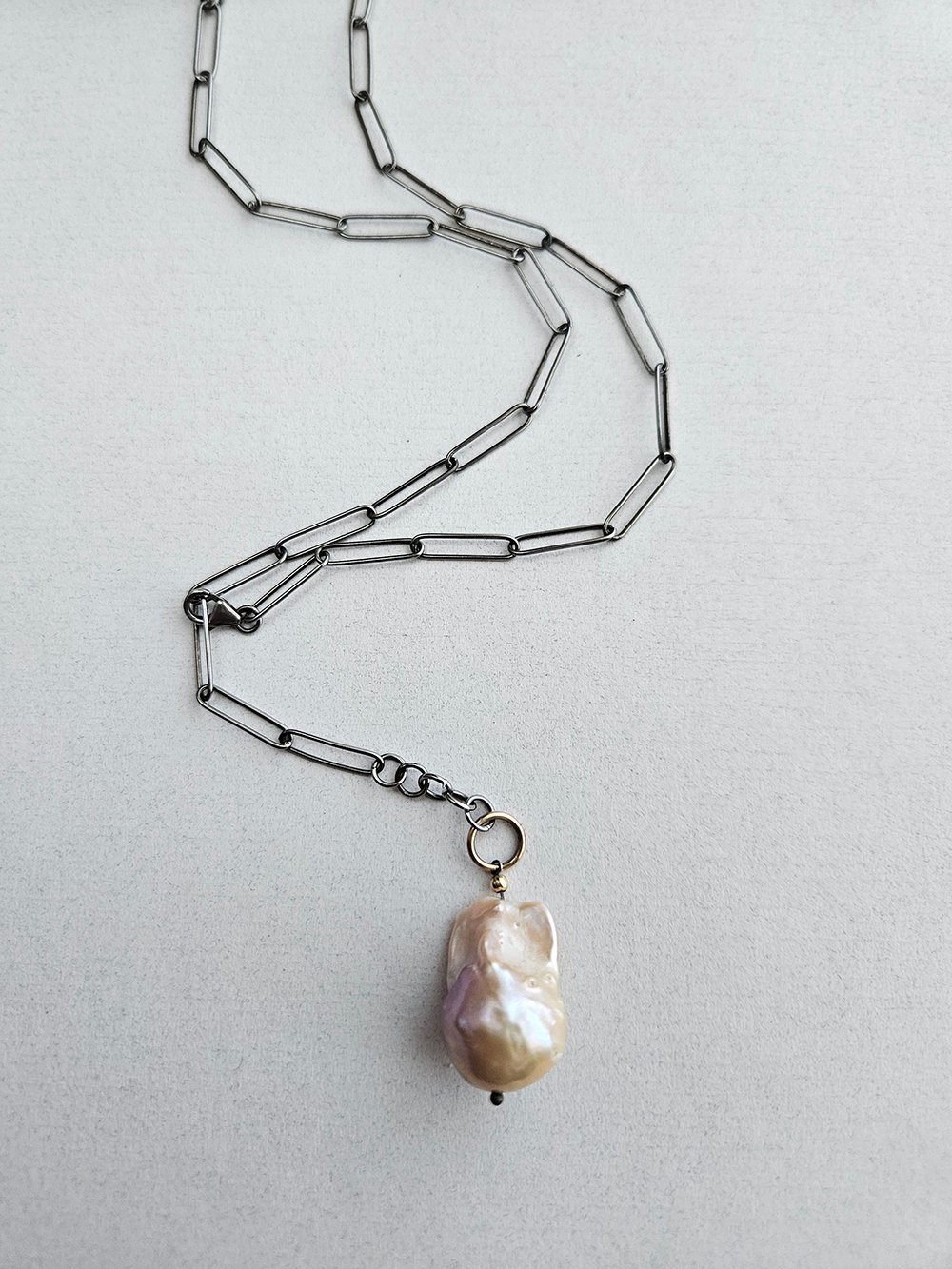 Handcrafted baroque pearl Y necklace on adjustable paperclip chain