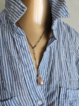 Handcrafted Baroque Pearl Necklace – Champagne Pearl Y Necklace on Paperclip Chain