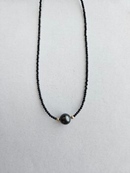 Handcrafted Tahitian Pearl Necklace – Black Spinel with Gold Rondelle Accents