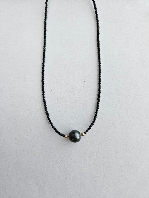 Handcrafted Tahitian Pearl Necklace – Black Spinel with Gold Rondelle Accents