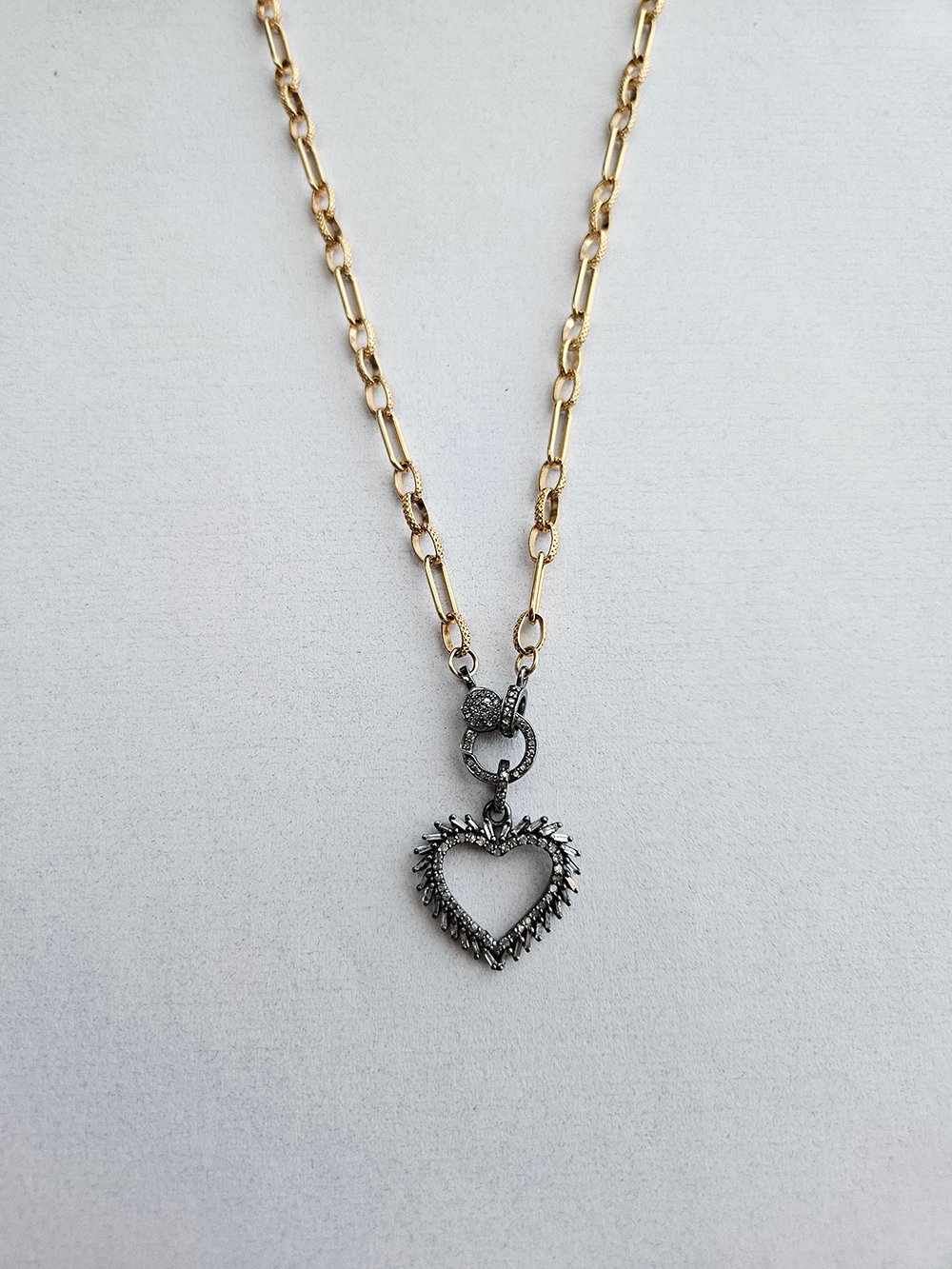 andcrafted diamond necklace with baguette diamond vintage heart pendant on gold chain