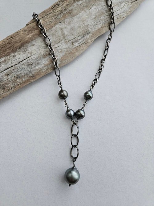 Handcrafted Tahitian Pearl Necklace – Oxidized Sterling Silver Y Necklace