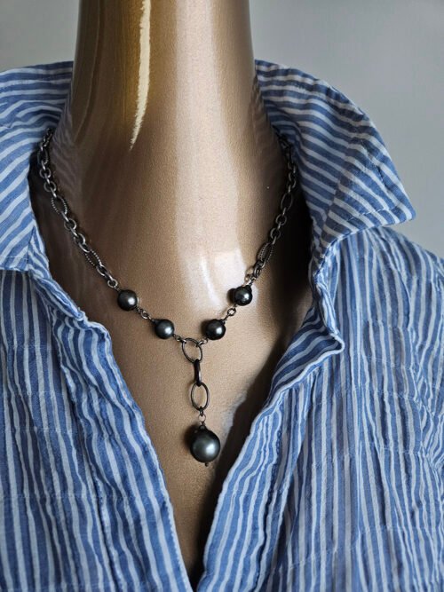 Handcrafted Tahitian Pearl Necklace – Oxidized Sterling Silver Y Necklace