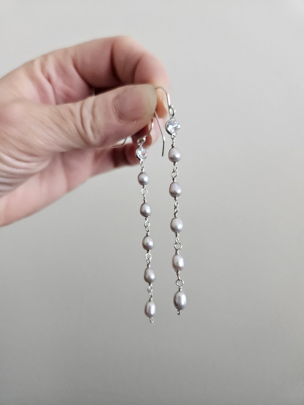 Freshwater Pearl Linear Drop Earrings with CZ - Image 3