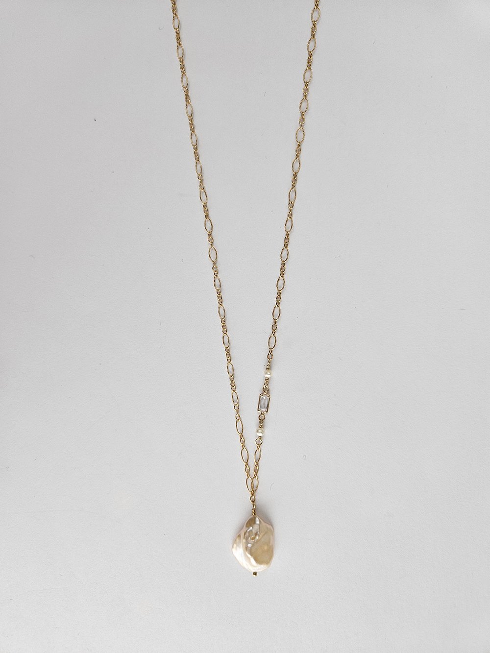 White Keshi Pearl and Baguette CZ Necklace - Image 6