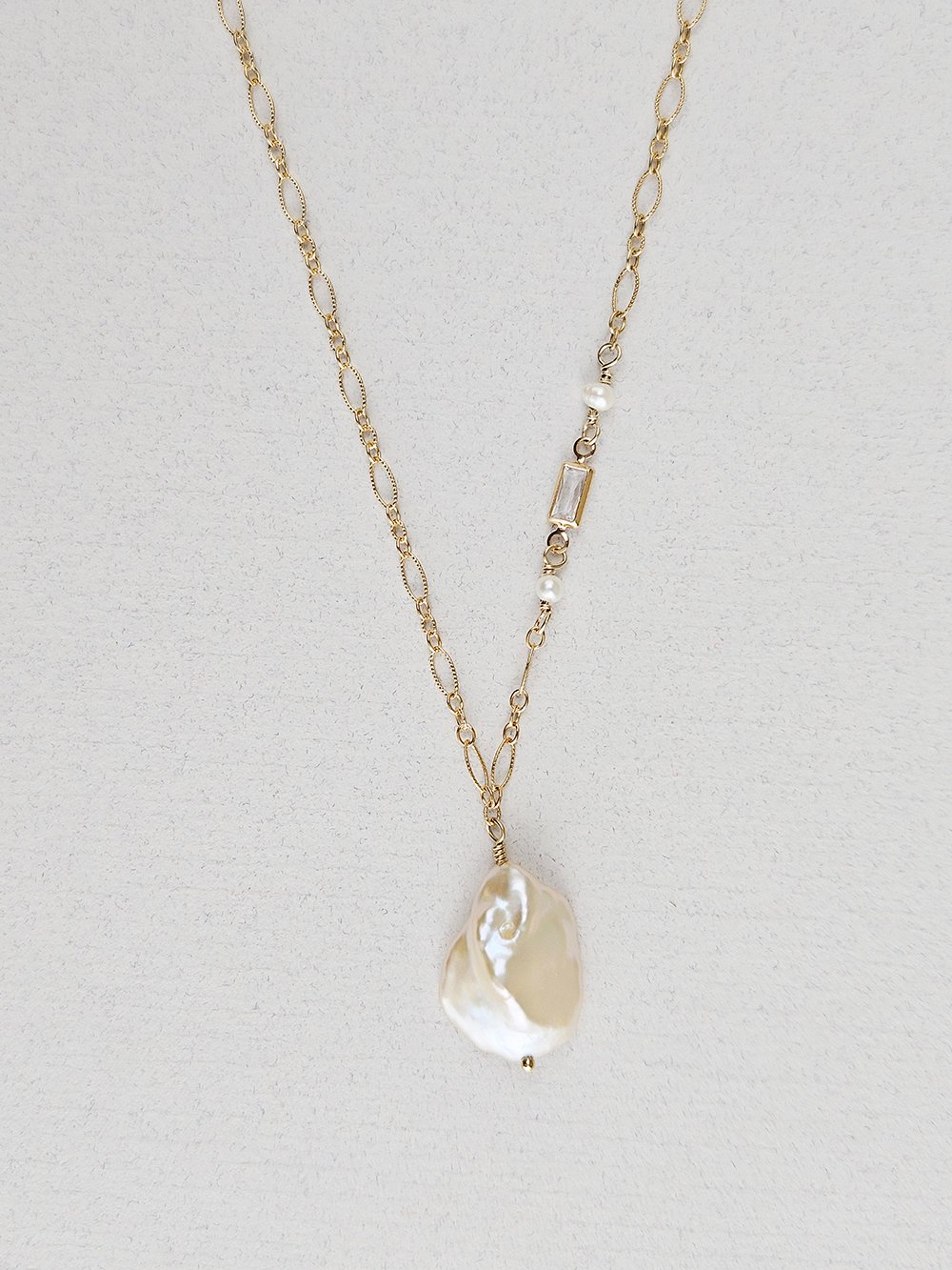 White Keshi Pearl and Baguette CZ Necklace - Image 4