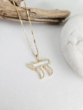 Mother of pearl Ohm pendant with pavé CZ