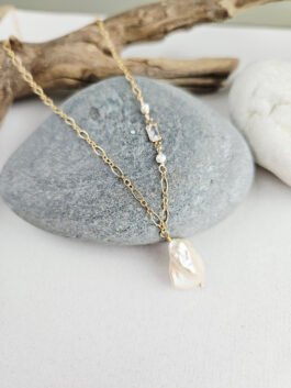 White Keshi Pearl and Baguette CZ Necklace