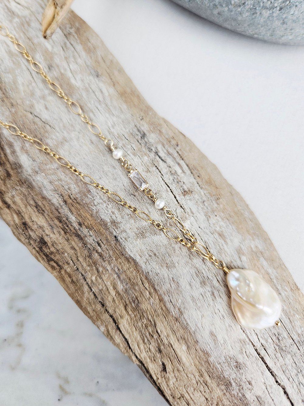 White Keshi Pearl and Baguette CZ Necklace - Image 5