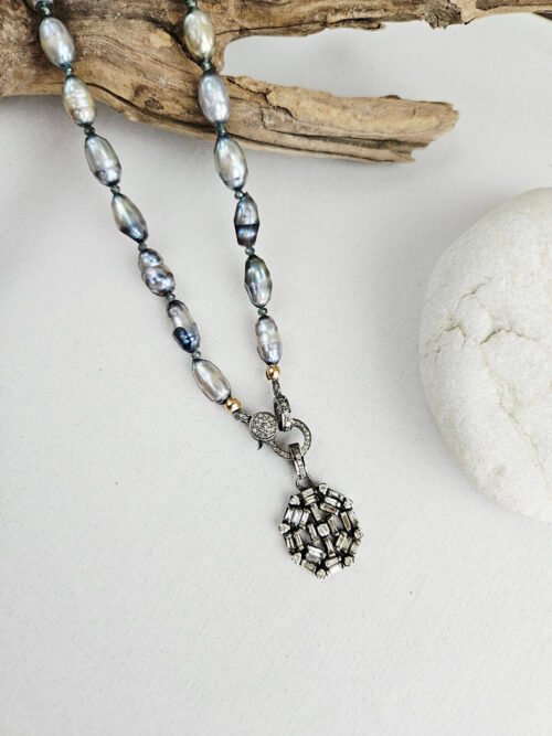 Vintage Diamond Pendant Pearl Necklace