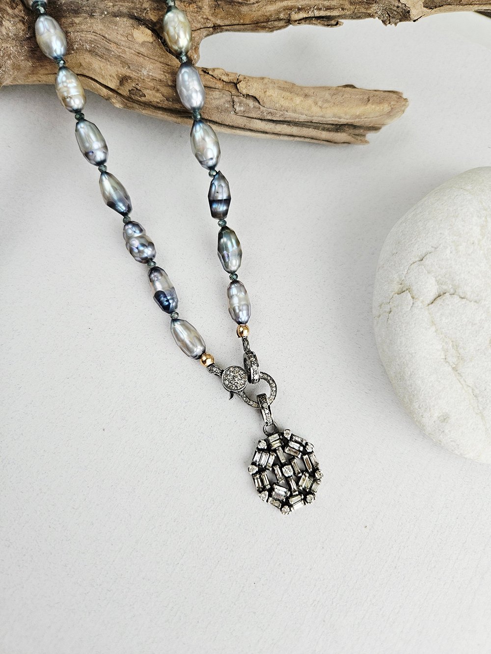 Vintage Diamond Pendant Pearl Necklace