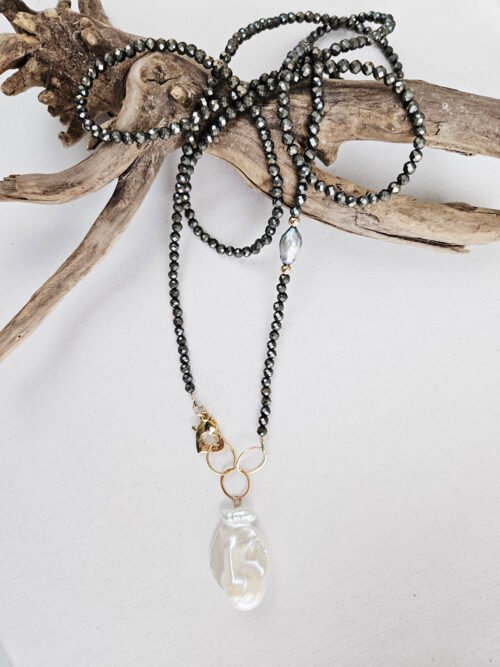 White Baroque Pearl Pyrite Necklace