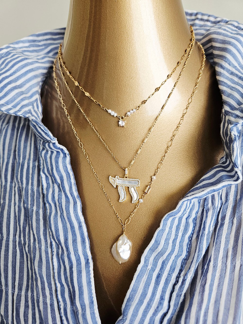 White Keshi Pearl and Baguette CZ Necklace - Image 2