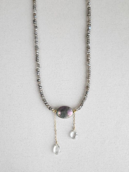 Mystique Labradorite Oval Pendant Necklace with White Topaz