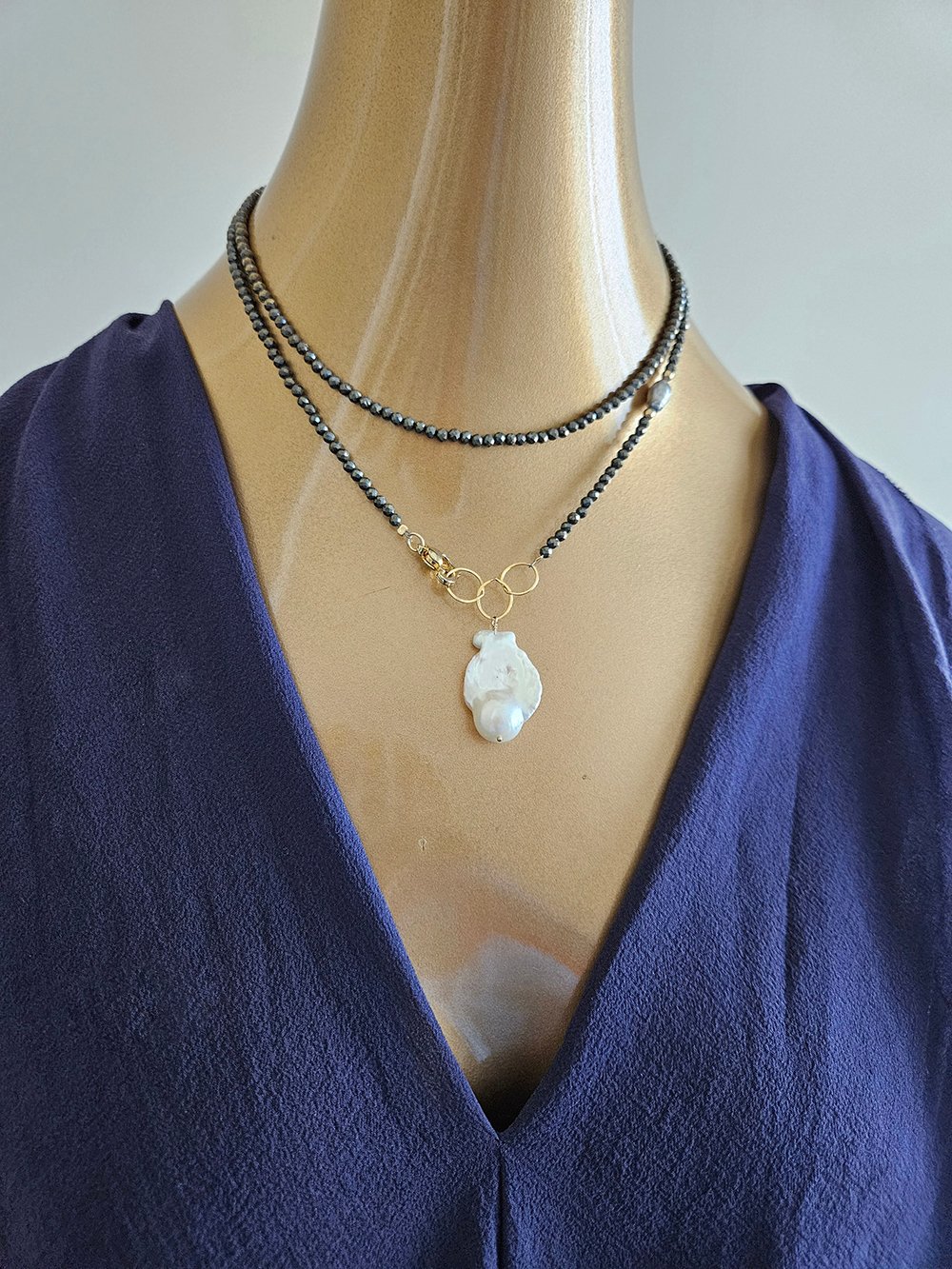 White Baroque Pearl Pyrite Necklace - Image 3