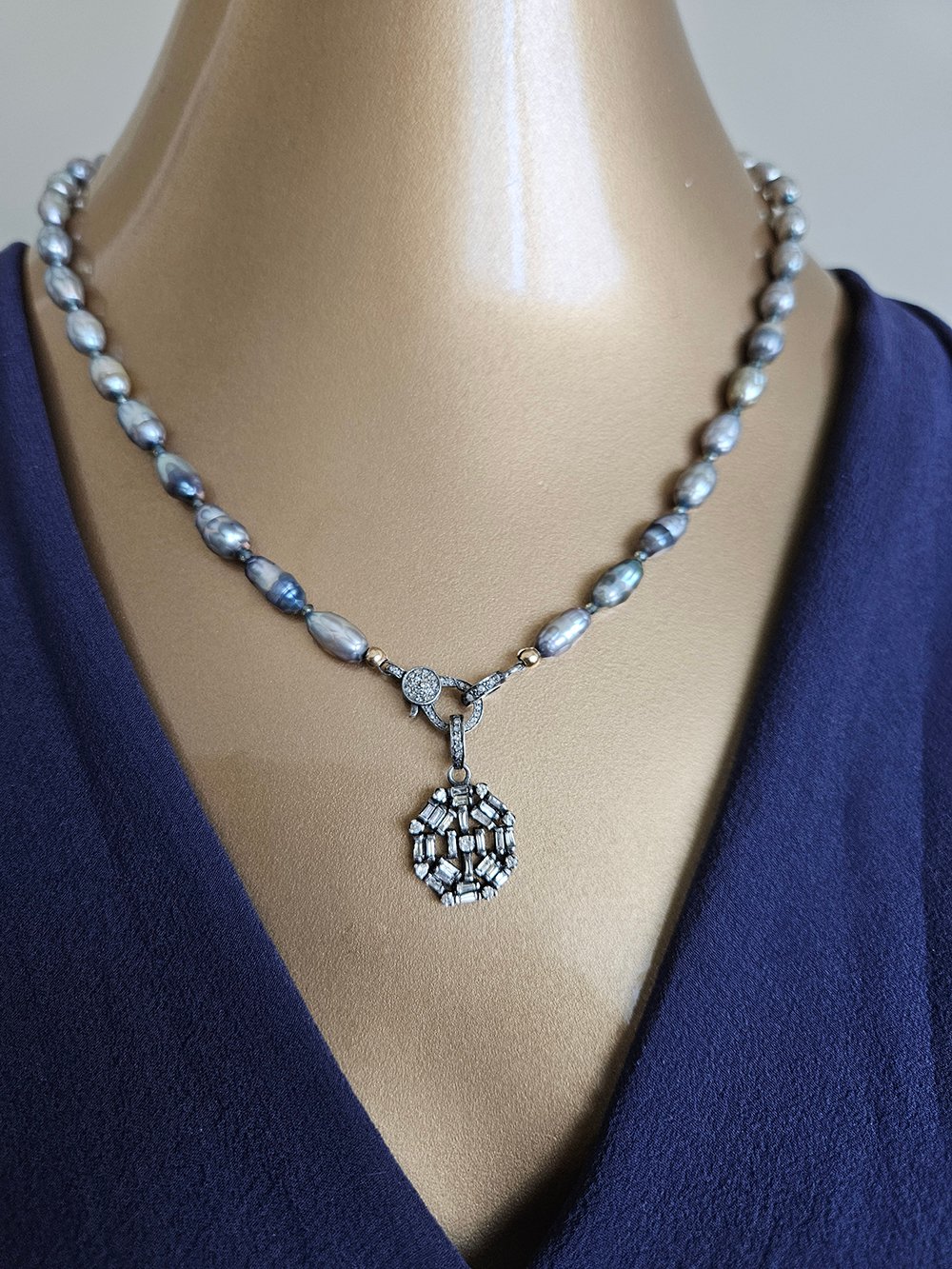 Vintage Diamond Pendant Pearl Necklace - Image 2